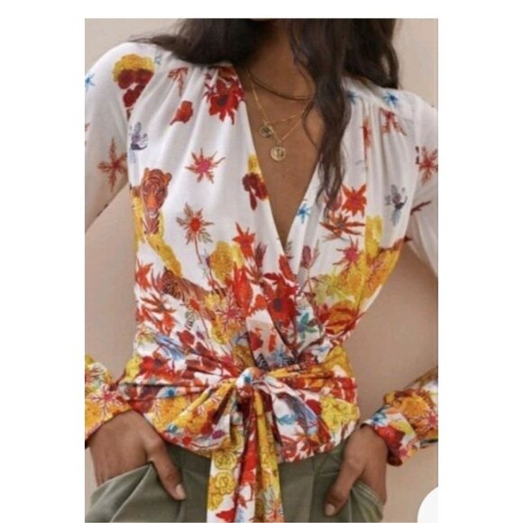 Michelle Morin For Anthropologie Blouse Sz M Floral Tiger Print Wrap Tie Waist - Picture 2 of 14